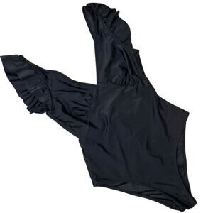 CUPSHE One Piece Swimsuit V Neck Ruched Ruffle Shoulder Black M